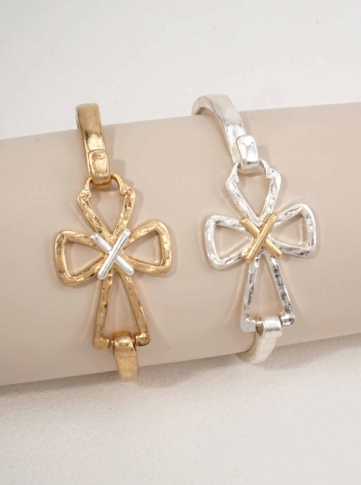 Hammered Cross Hook Closure Cuff Bracelet