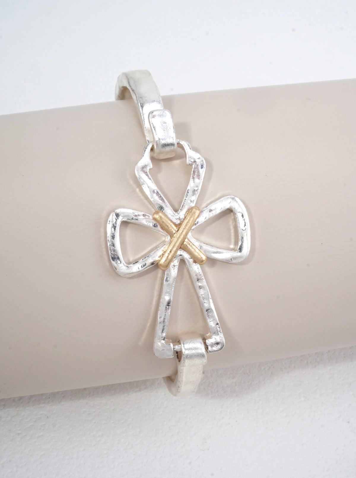 Hammered Cross Hook Closure Cuff Bracelet