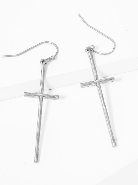 Hammered Cross Metal Fish Hook Dangle Drop Earrings