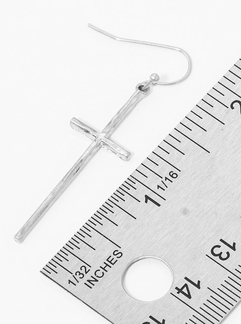 Hammered Cross Metal Fish Hook Dangle Drop Earrings