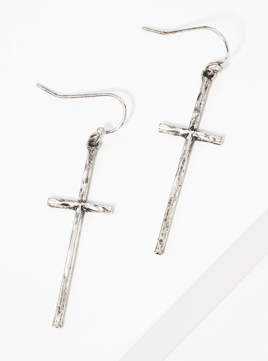 Hammered Cross Metal Fish Hook Dangle Drop Earrings