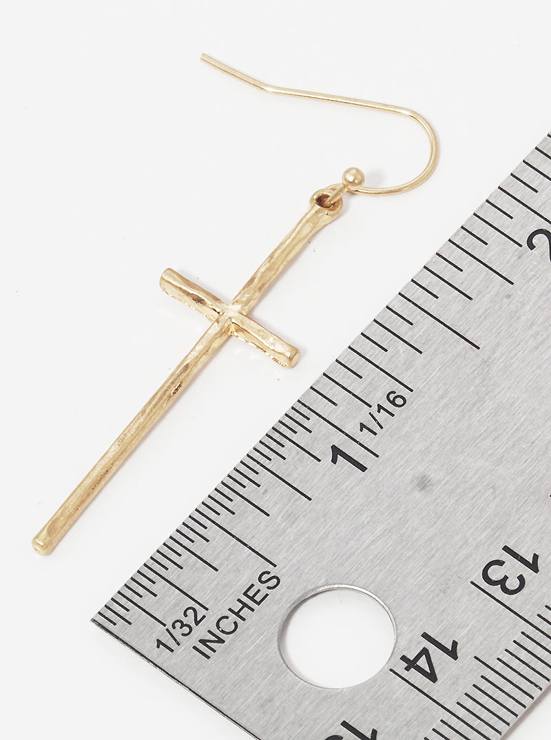 Hammered Cross Metal Fish Hook Dangle Drop Earrings
