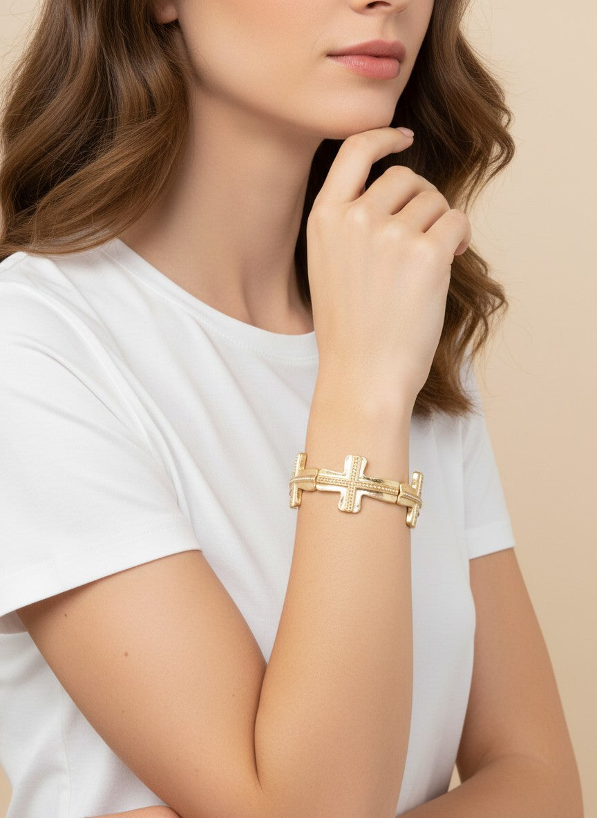 Hammered Cross Religious Stretch Bracelet