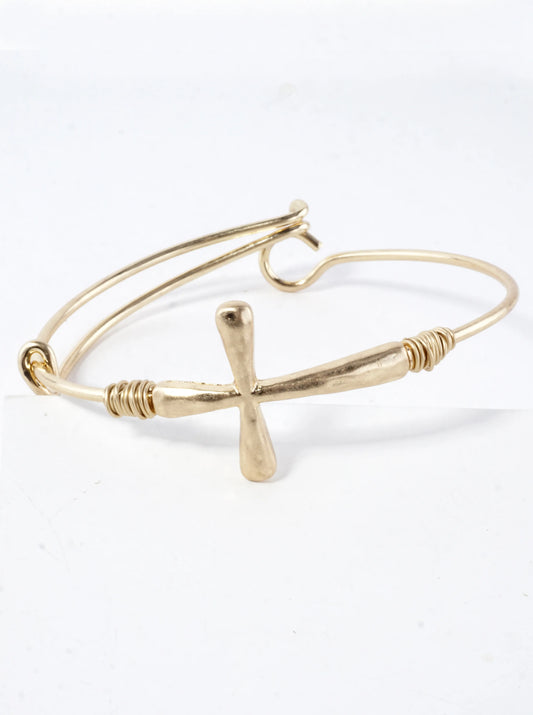Hammered Cross Sideways Wired Cuff Hinge Bracelet