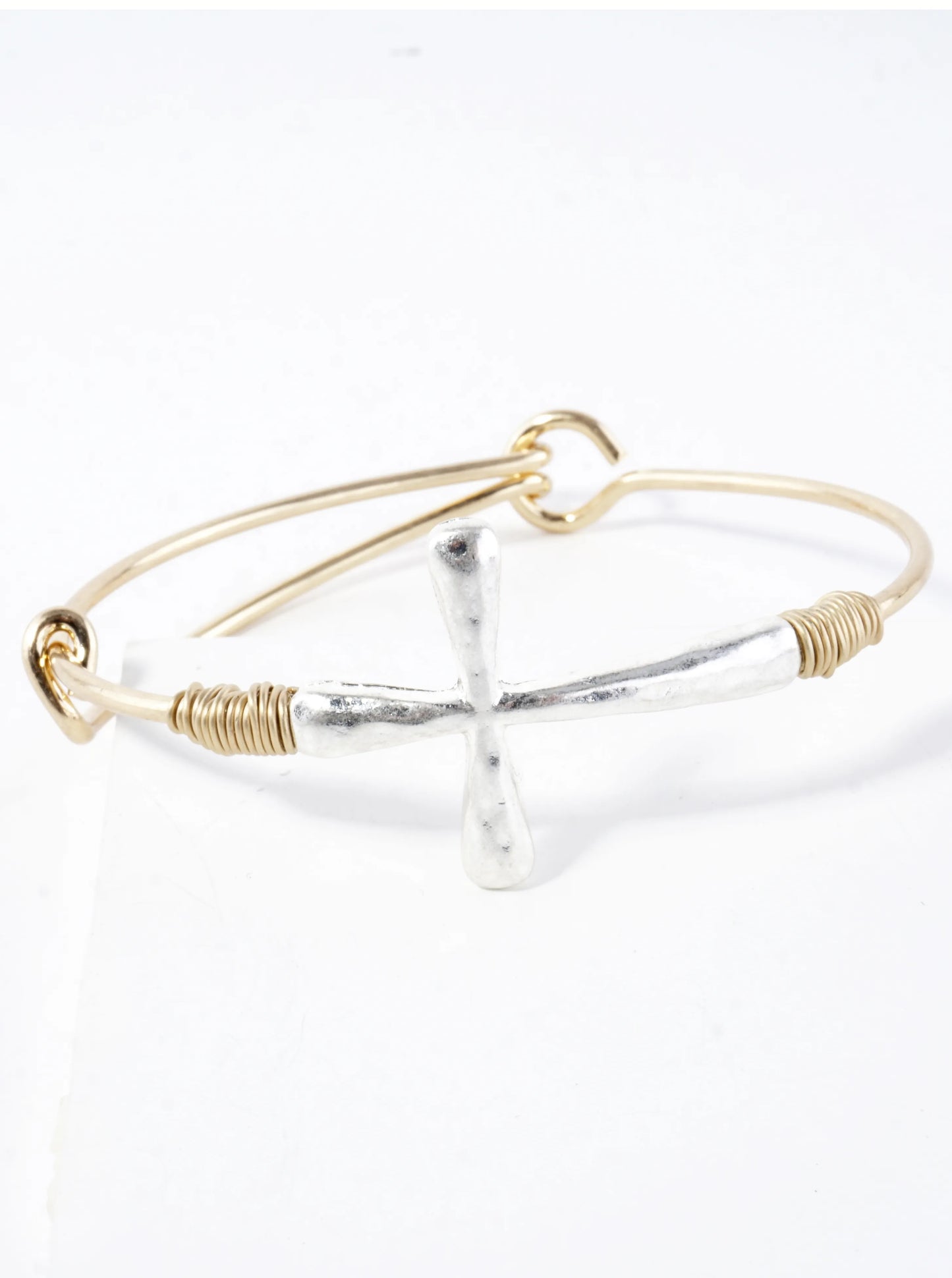 Hammered Cross Sideways Wired Cuff Hinge Bracelet