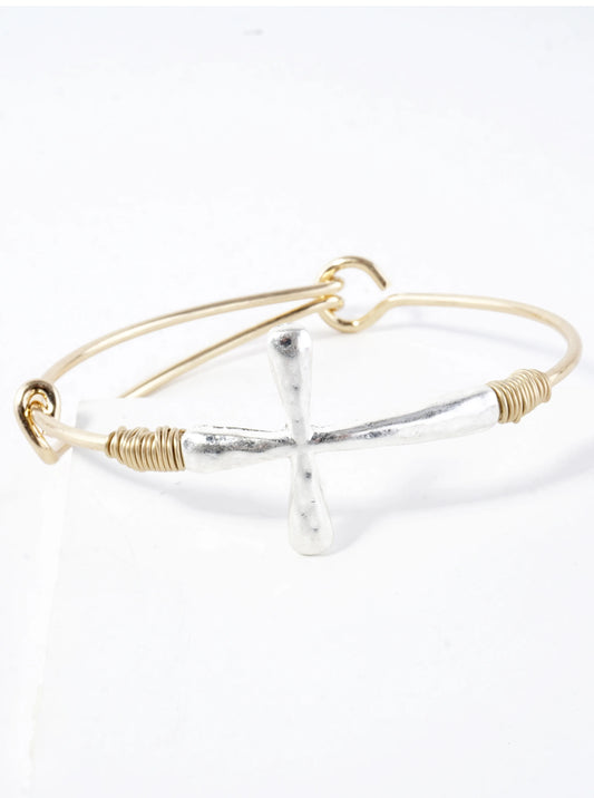 Hammered Cross Sideways Wired Cuff Hinge Bracelet