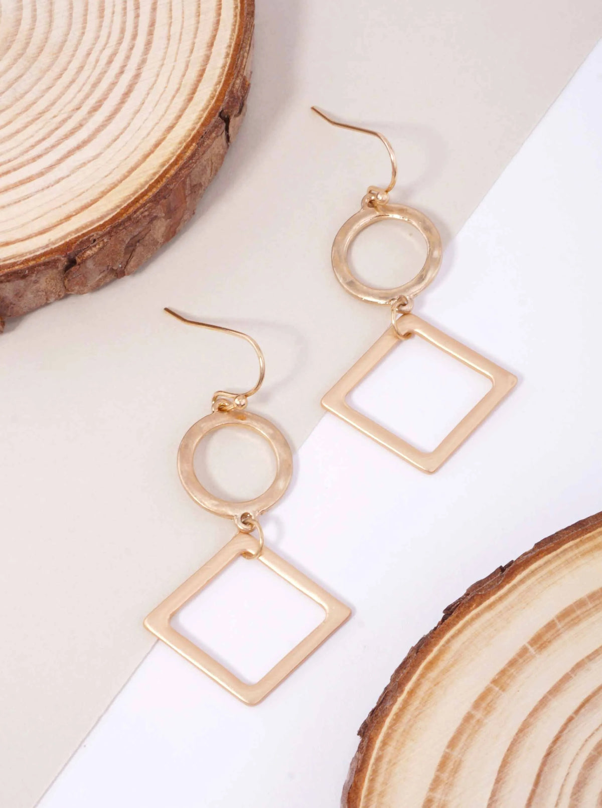 Hammered Cut-Out Circle Square Matte Hook Earrings - Worn Gold-Matte Gold
