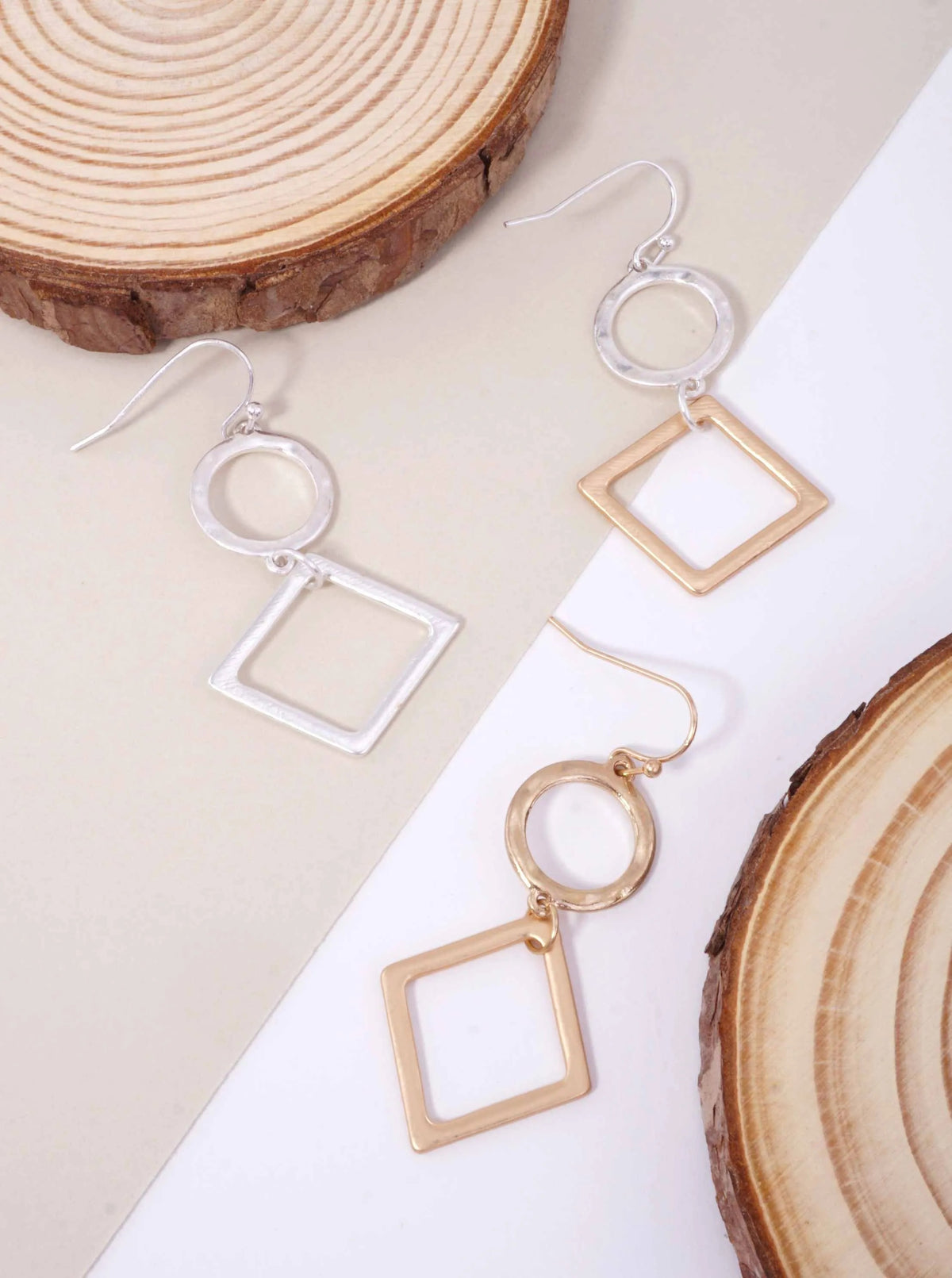 Hammered Cut-Out Circle Square Matte Hook Earrings - Worn Gold-Matte Gold