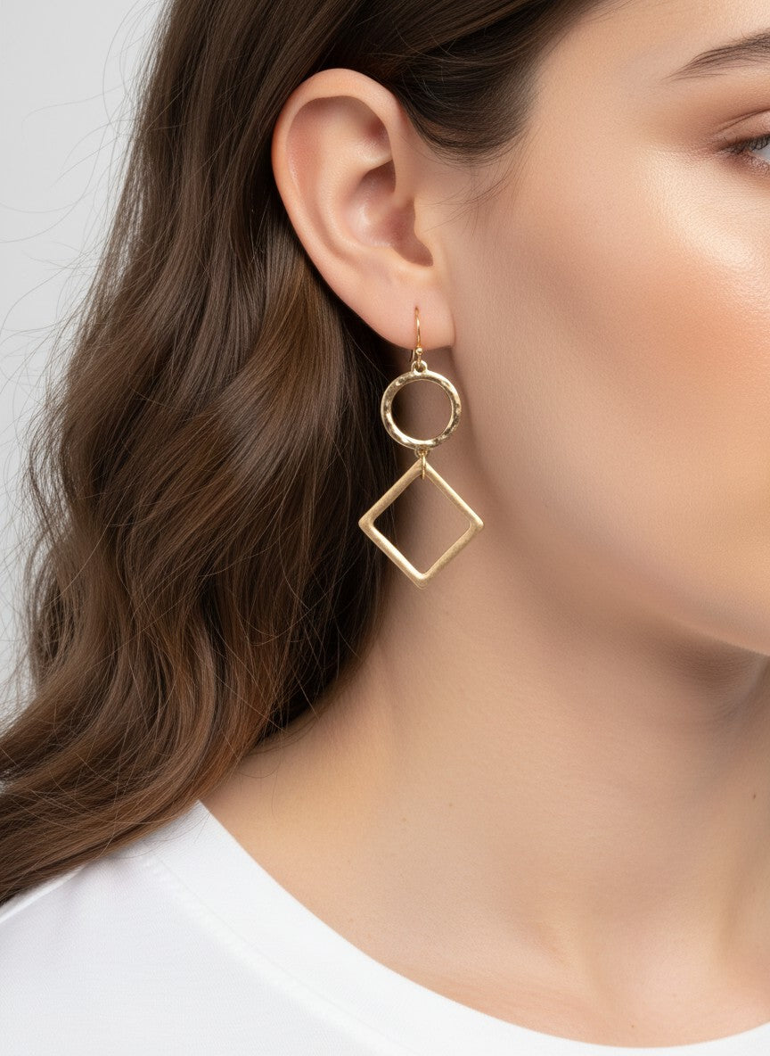 Hammered Cut-Out Circle Square Matte Hook Earrings - Worn Gold-Matte Gold