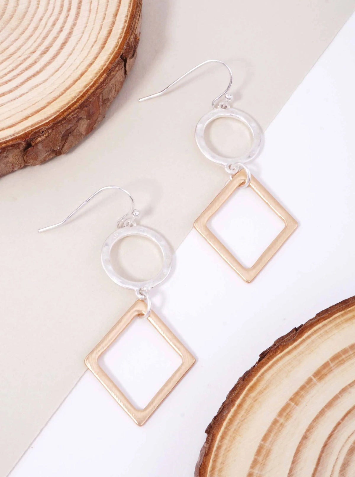 Hammered Cut-Out Circle Square Matte Hook Earrings - Worn Silver-Matte Gold