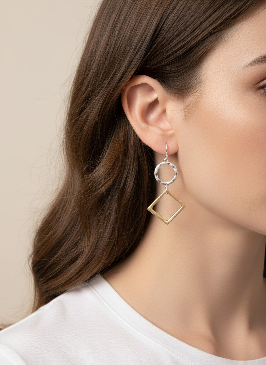 Hammered Cut-Out Circle Square Matte Hook Earrings - Worn Silver-Matte Gold