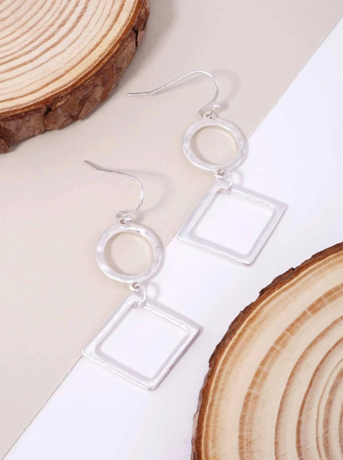 Hammered Cut-Out Circle Square Matte Hook Earrings - Worn Silver-Matte Silver