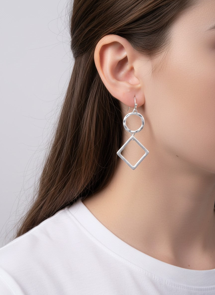 Hammered Cut-Out Circle Square Matte Hook Earrings - Worn Silver-Matte Silver