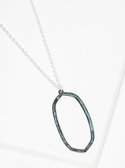 Hammered Cut Out Edged Oval Pendant Long Necklace