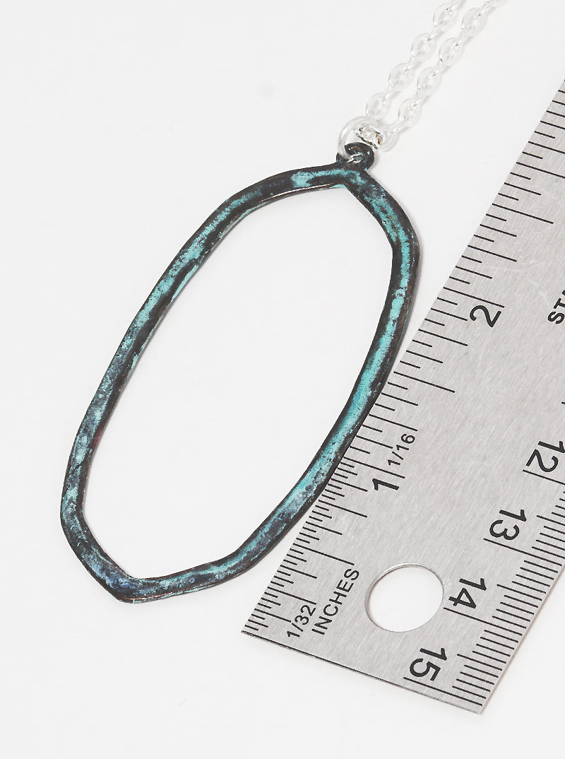 Hammered Cut Out Edged Oval Pendant Long Necklace