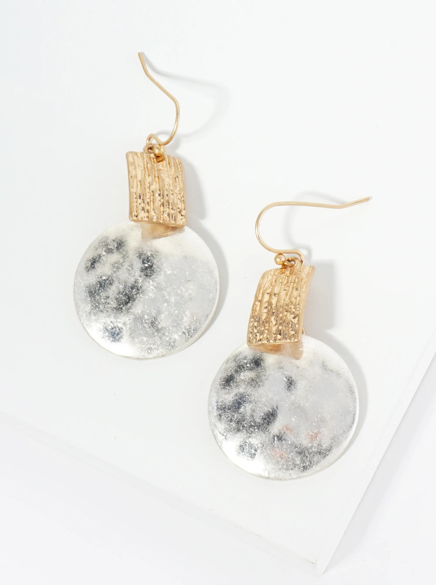 Hammered Disc Dangle Drop Geometric Dual-Tone Earrings