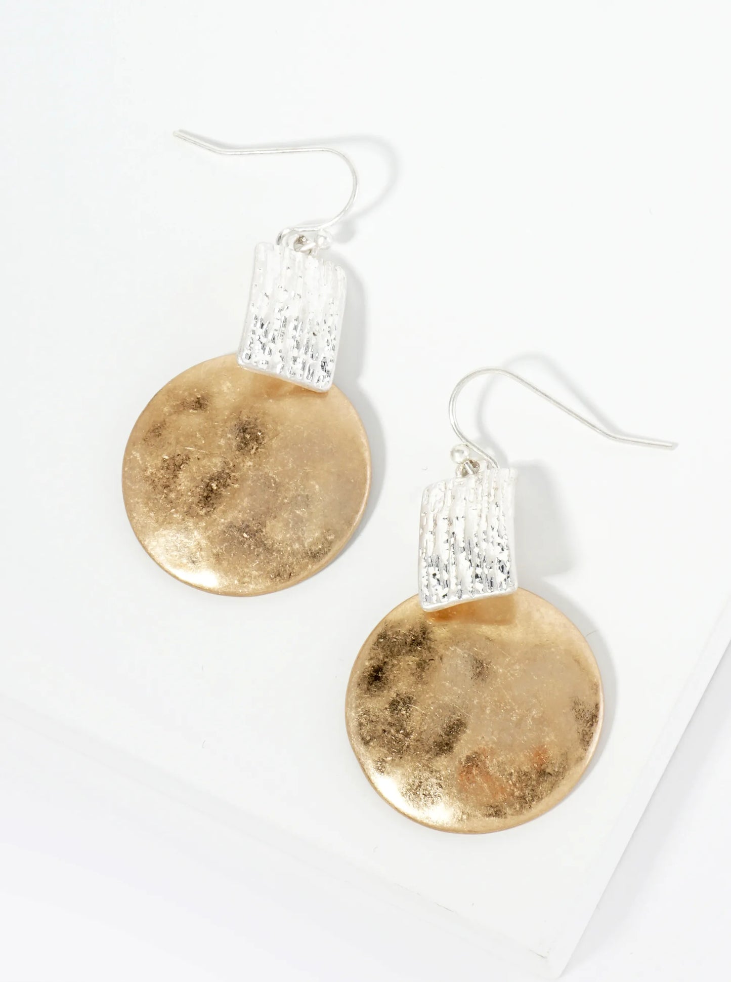 Hammered Disc Dangle Drop Geometric Dual-Tone Earrings