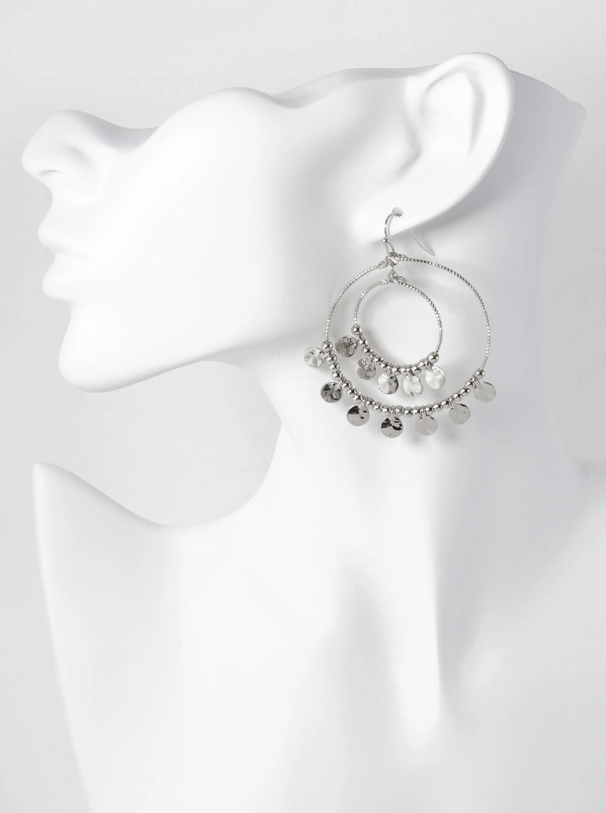 Hammered Disc Drop Double Textured Wire Circle Dangle Drop Earrings