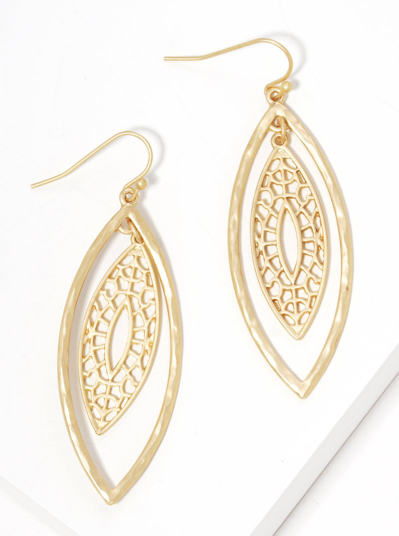 Hammered Filigree Marquise Dangle Drop Earrings