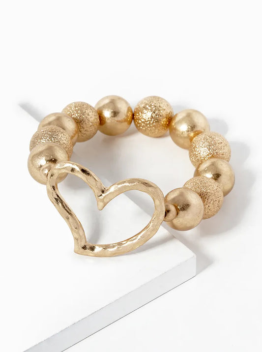 Hammered Heart Accent 14mm Textured Ball Bead Stretch Bracelet