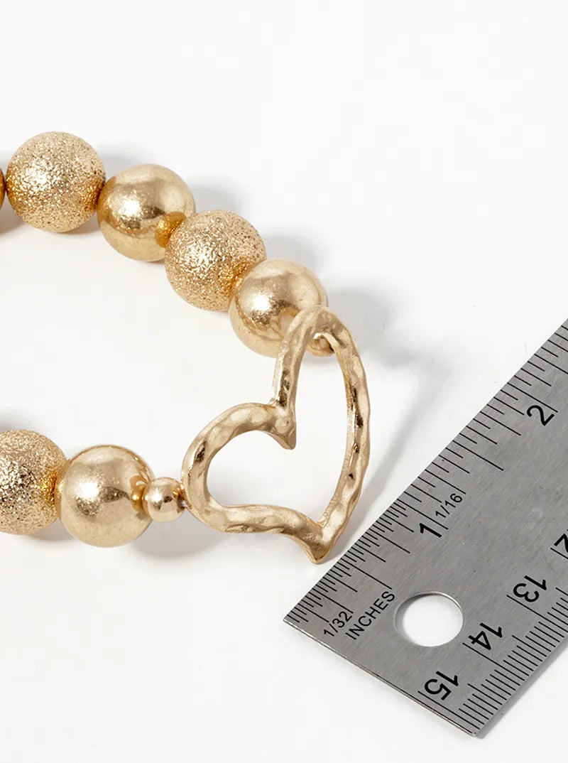 Hammered Heart Accent 14mm Textured Ball Bead Stretch Bracelet
