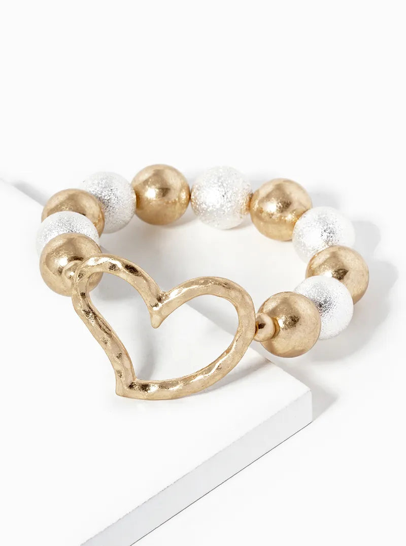 Hammered Heart Accent 14mm Textured Ball Bead Stretch Bracelet