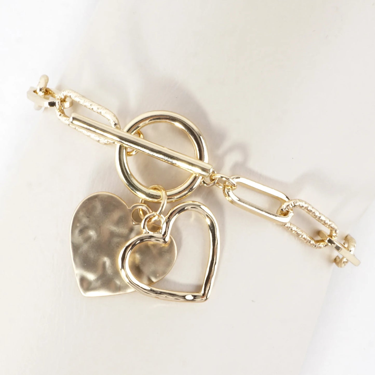 Hammered Heart Cluster Charm Toggle Bracelet