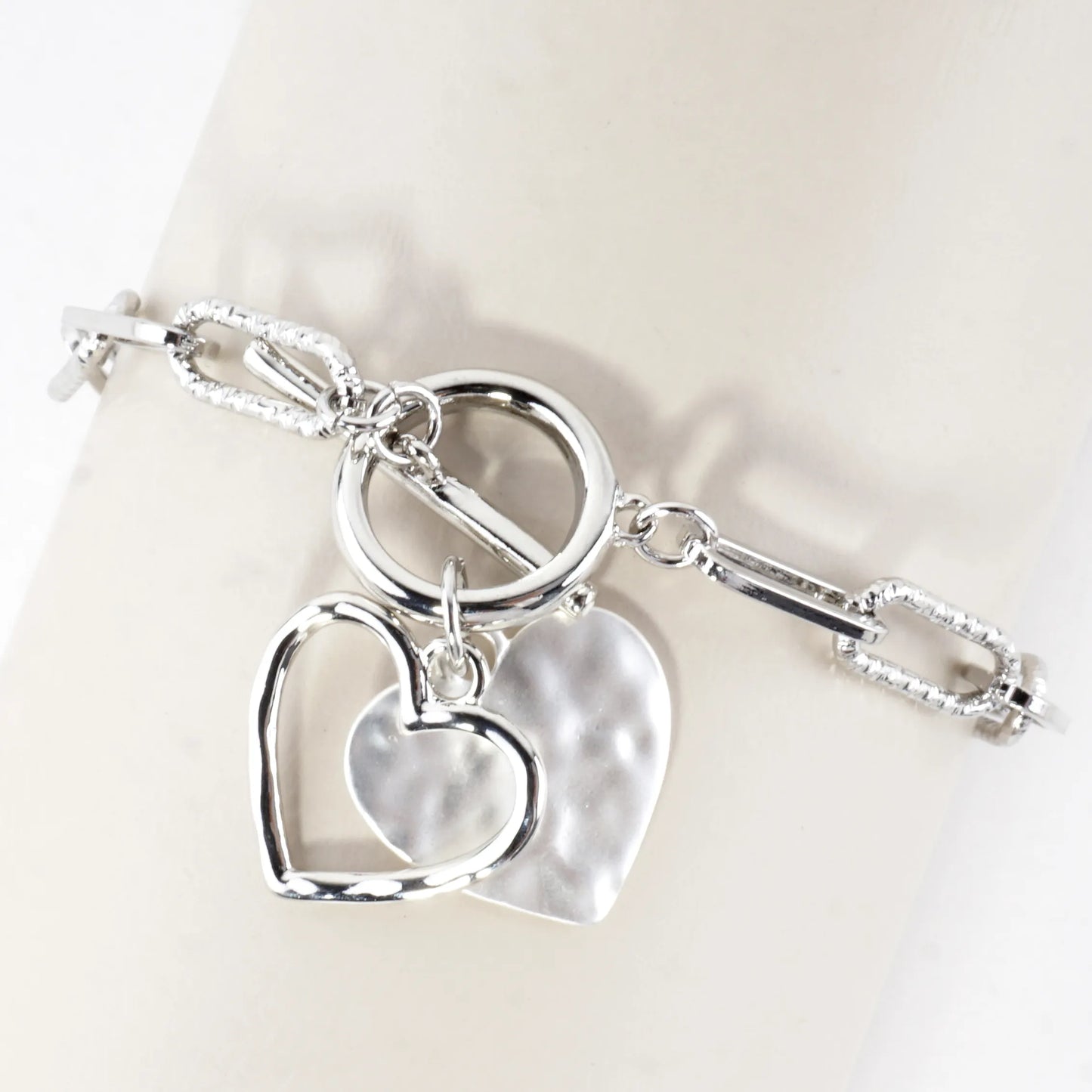 Hammered Heart Cluster Charm Toggle Bracelet