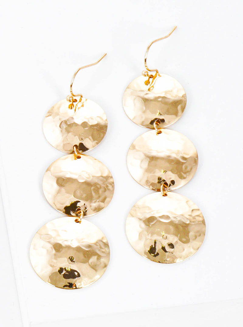 Hammered Metal 3 Circle Drop Dangle Earrings
