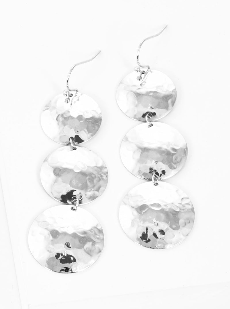 Hammered Metal 3 Circle Drop Dangle Earrings