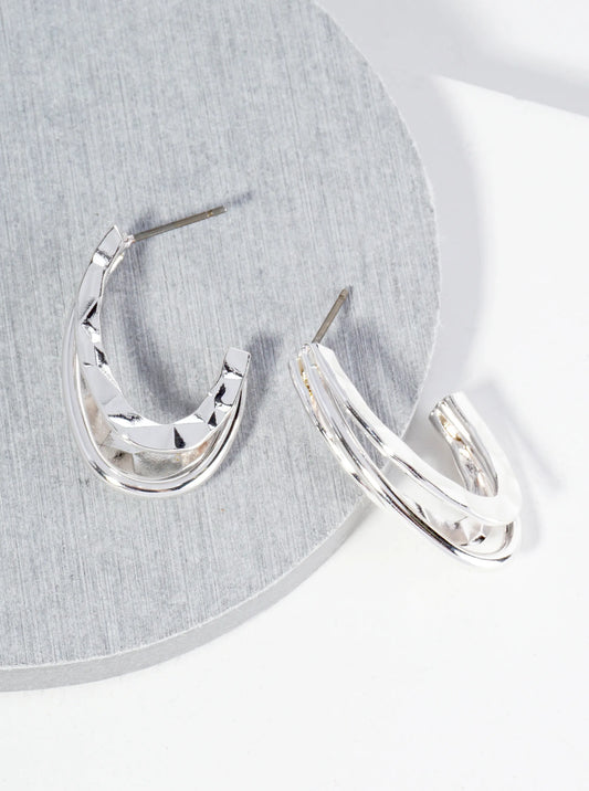 Hammered Metal 3 Line Oval Hoop Earrings