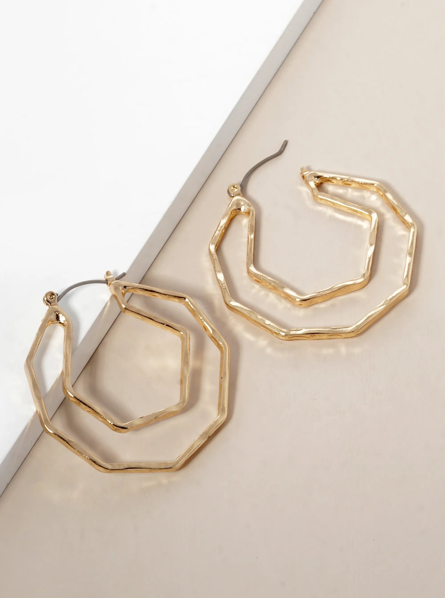 Hammered Metal 40mm Octagon Latch Back Hoop Earrings