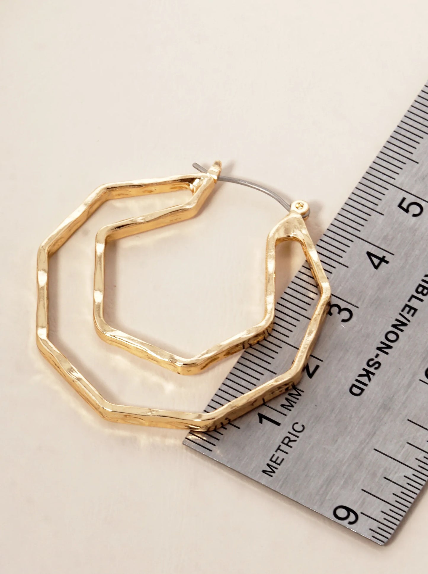 Hammered Metal 40mm Octagon Latch Back Hoop Earrings