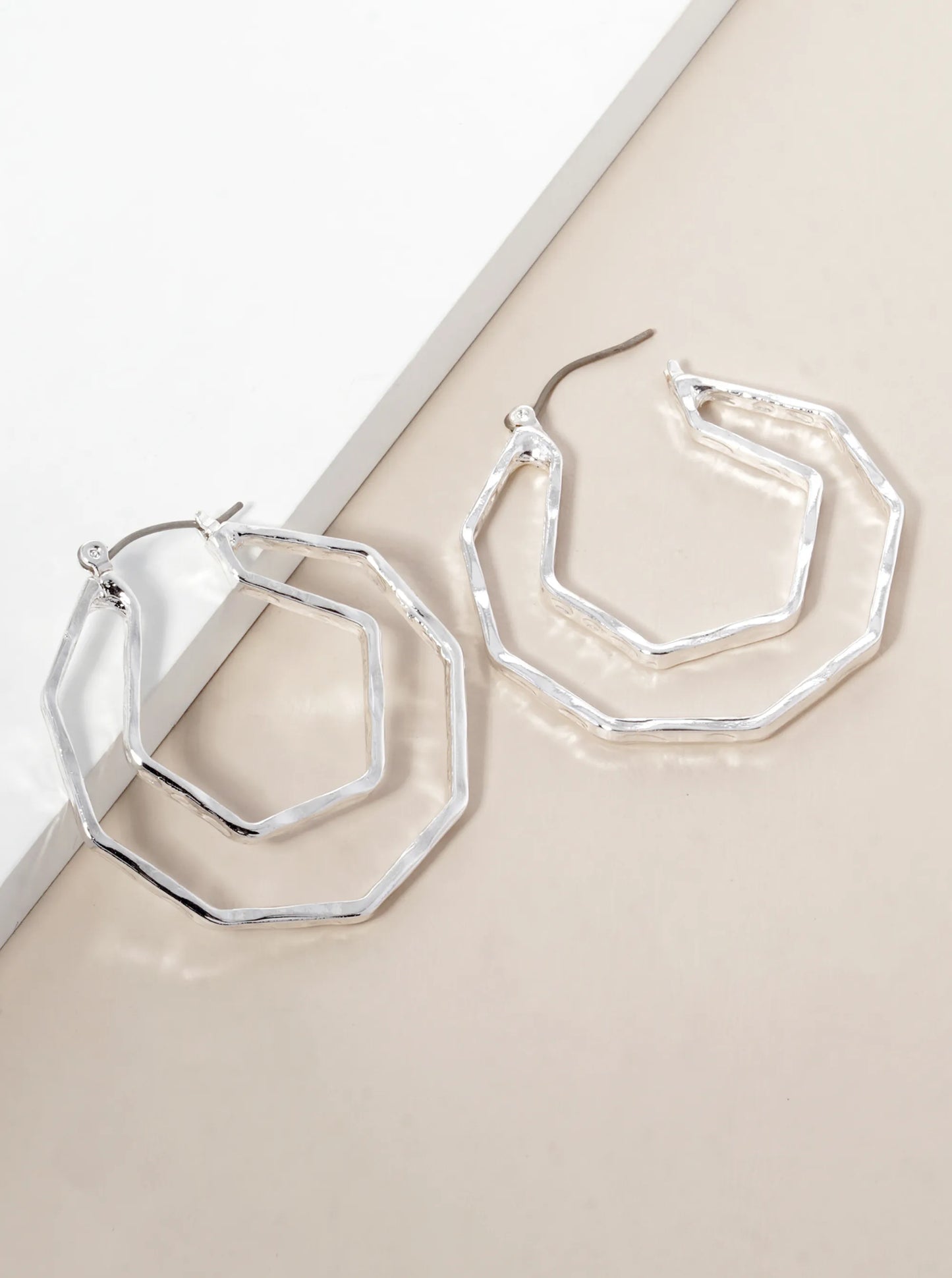 Hammered Metal 40mm Octagon Latch Back Hoop Earrings