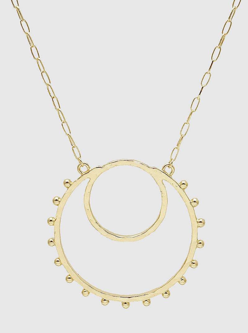 Hammered Metal Ball Beaded Double Circle Pendant Long Necklace