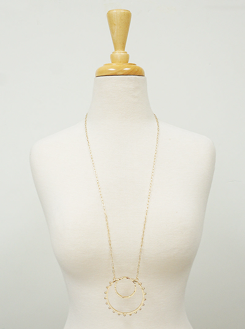Hammered Metal Ball Beaded Double Circle Pendant Long Necklace