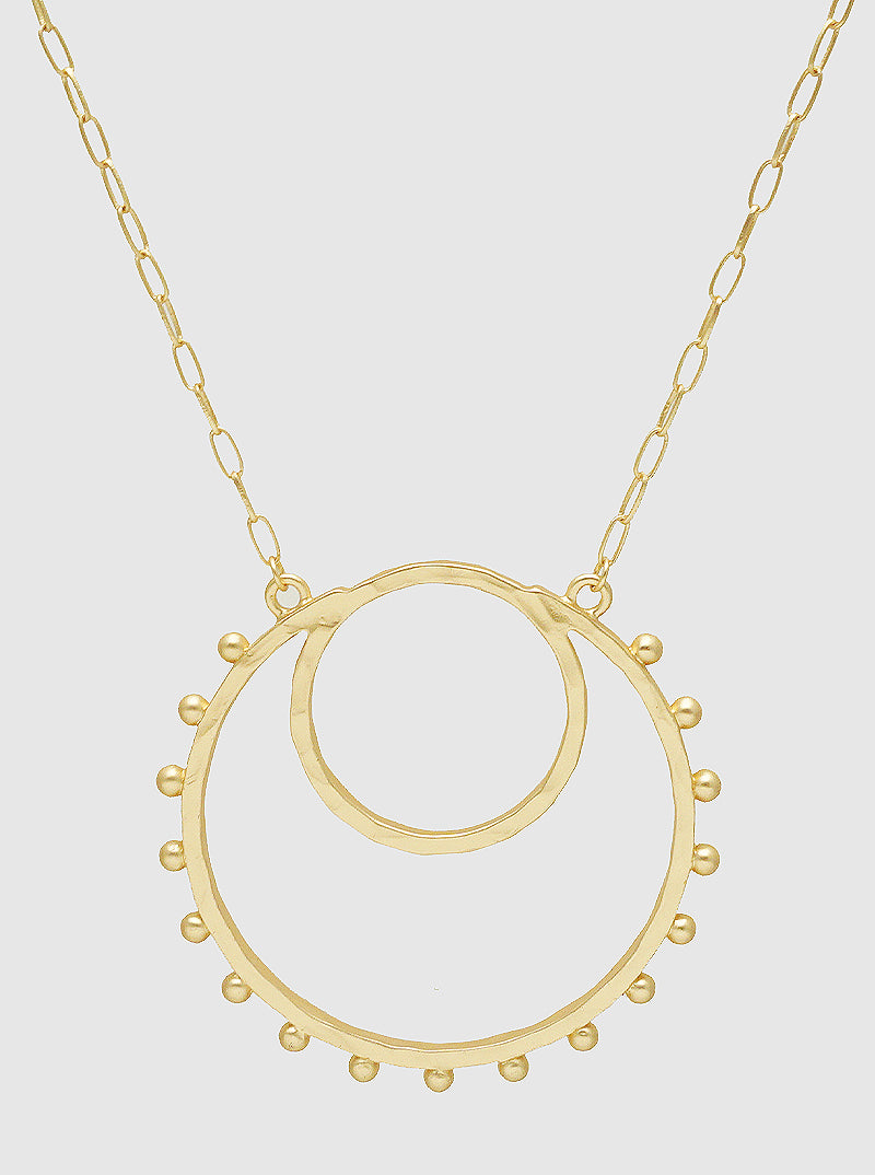 Hammered Metal Ball Beaded Double Circle Pendant Long Necklace