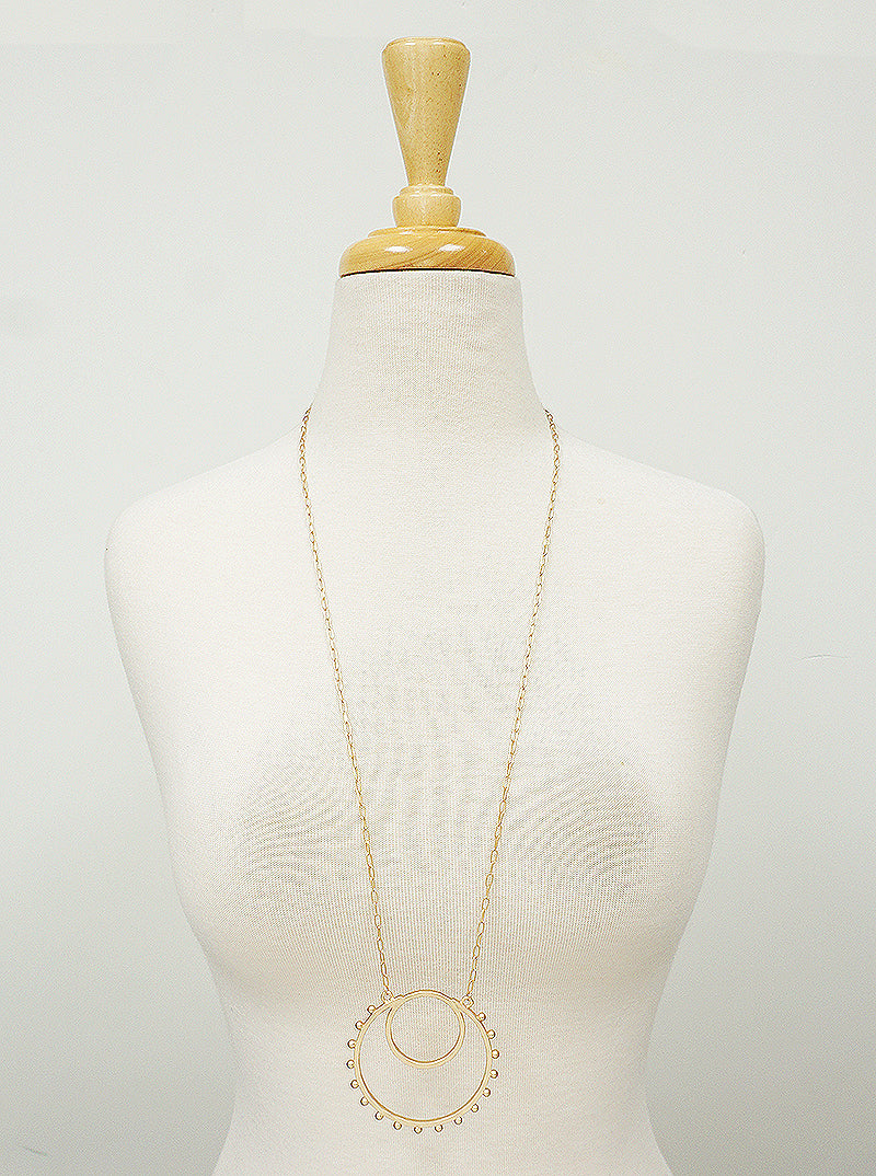 Hammered Metal Ball Beaded Double Circle Pendant Long Necklace