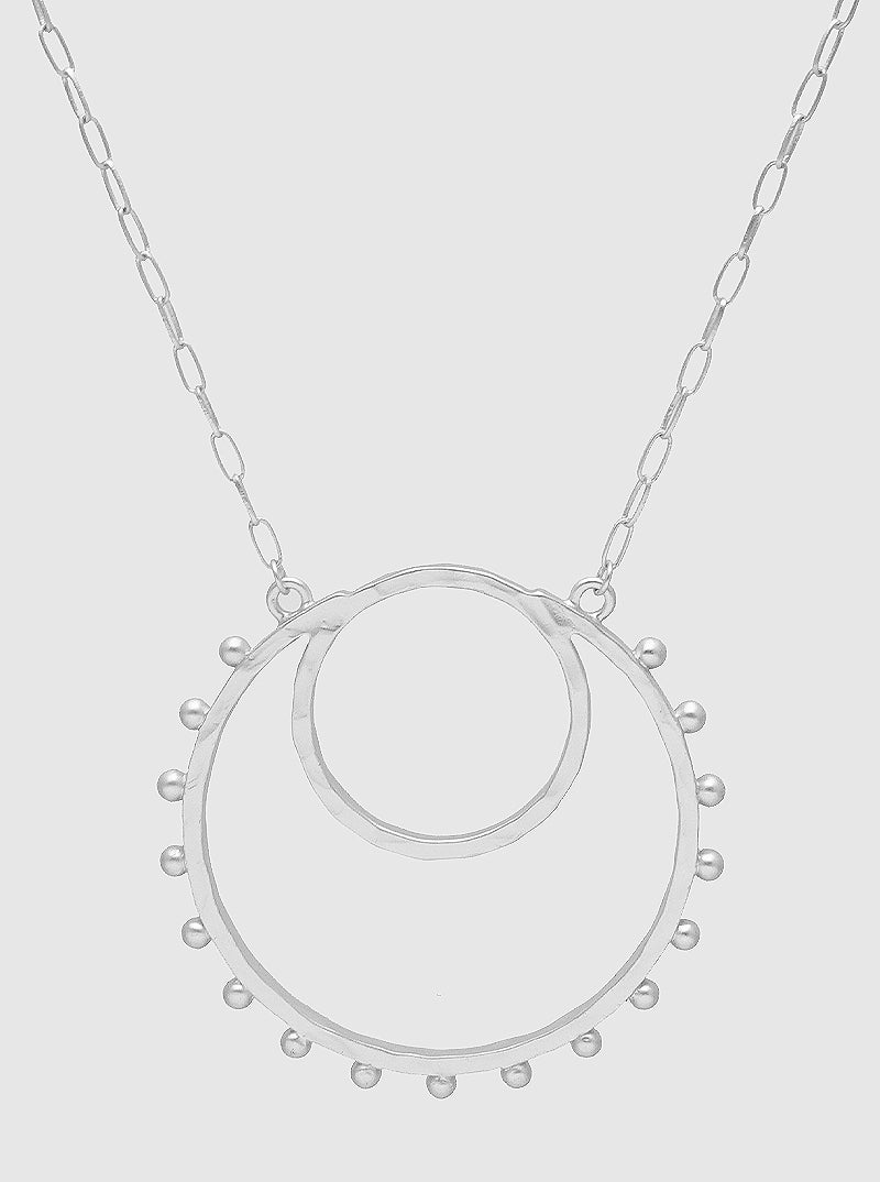 Hammered Metal Ball Beaded Double Circle Pendant Long Necklace