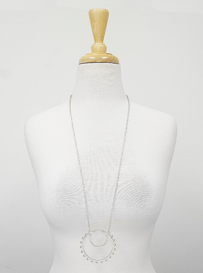 Hammered Metal Ball Beaded Double Circle Pendant Long Necklace