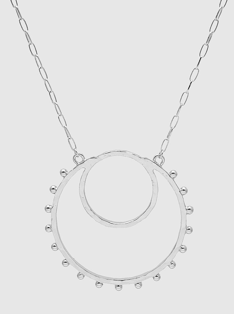 Hammered Metal Ball Beaded Double Circle Pendant Long Necklace