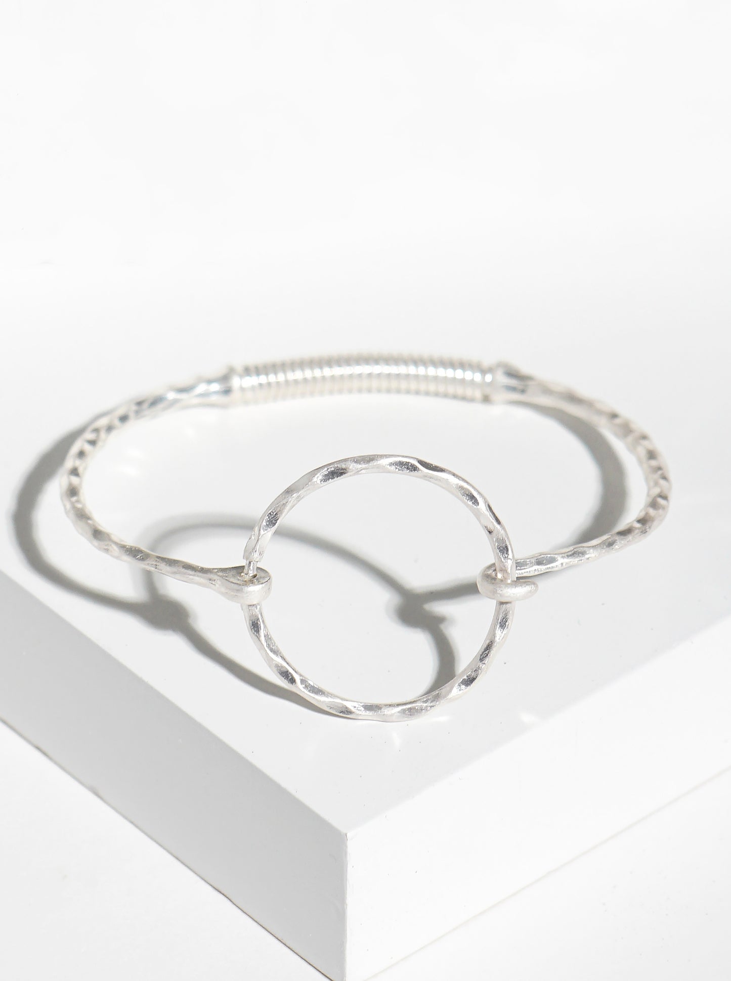 Hammered Metal Circle Accent Fine Spring Hook Closure Bangle Bracelet