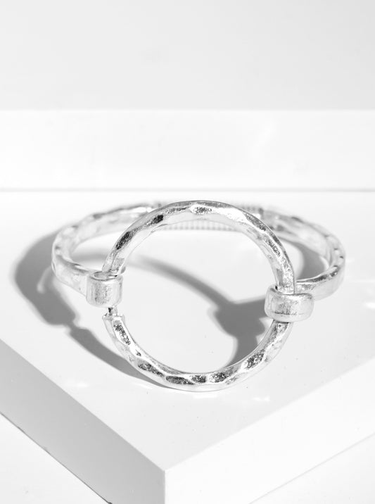 Hammered Metal Circle Accent Spring Hook Closure Bangle Bracelet