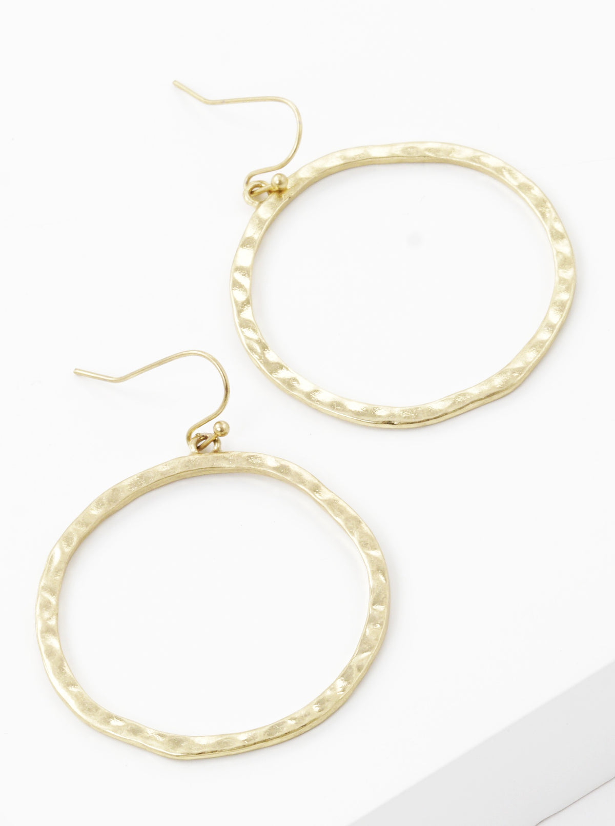 Hammered Metal Circle Fishhook Dangle Drop Earrings Worn gold