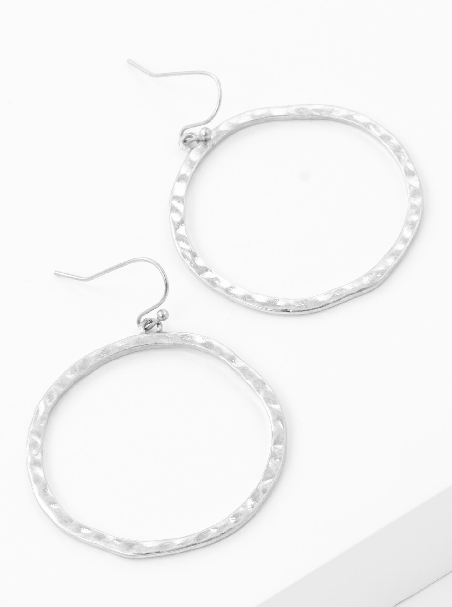 Hammered Metal Circle Fishhook Dangle Drop Earrings