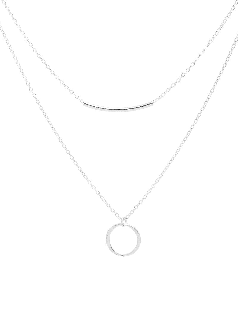 Hammered Metal Circle Pendant With Curved Tube Bar Layered Necklace