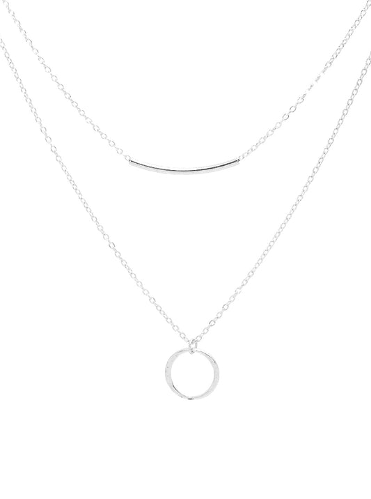 Hammered Metal Circle Pendant With Curved Tube Bar Layered Necklace