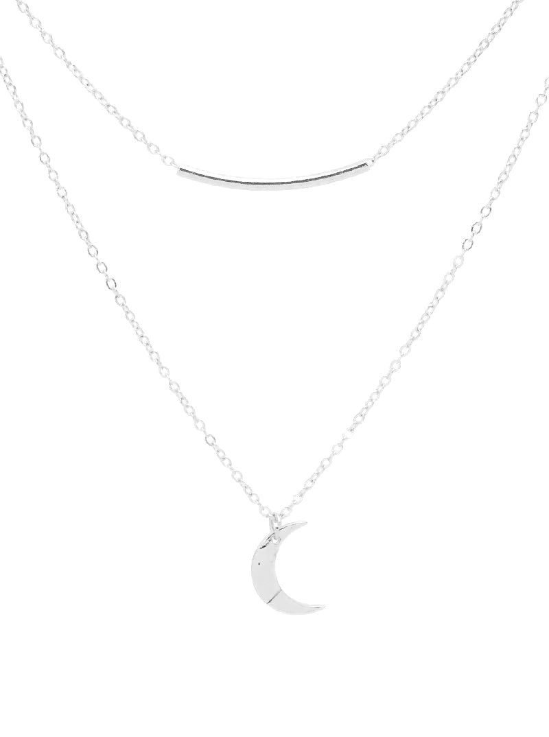 Hammered Metal Crescent Moon Pendant With Curved Tube Bar Layered Necklace