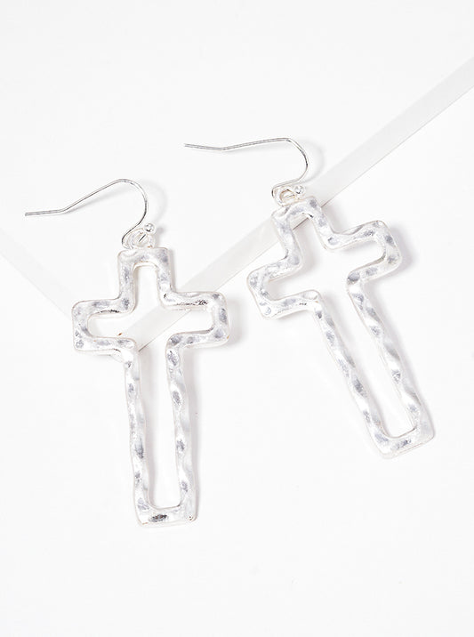 Hammered Metal Cross Dangle Drop Earrings