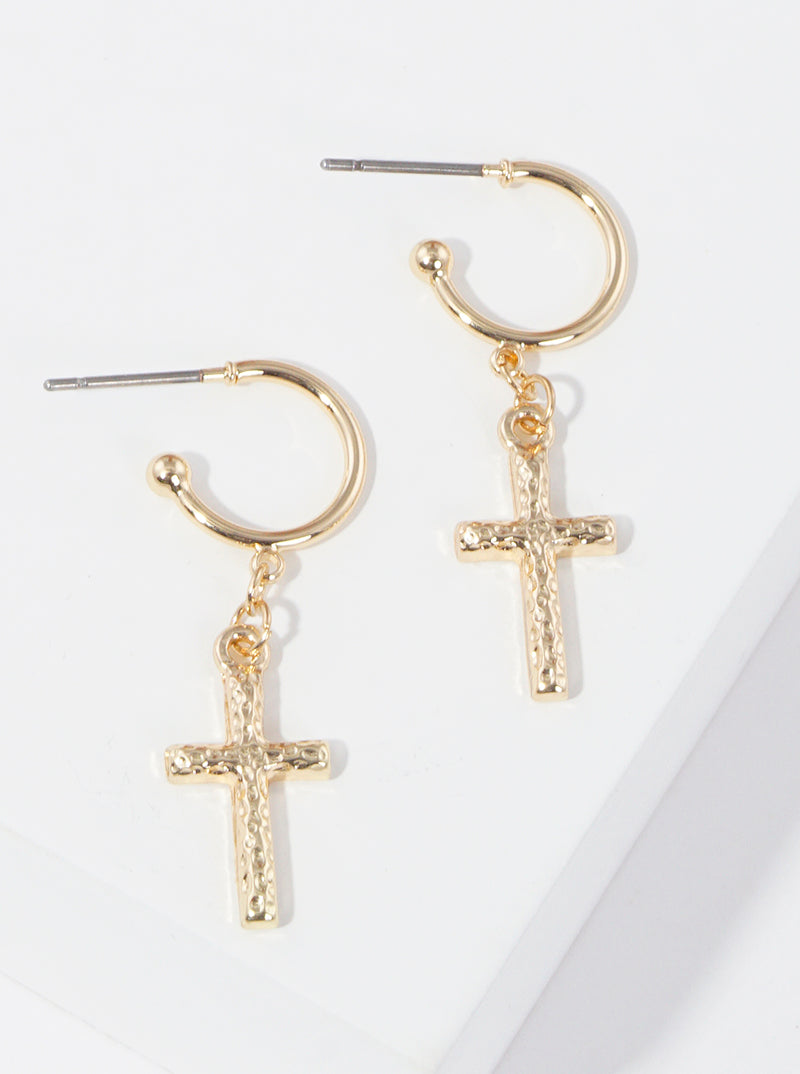 Hammered Metal Cross Drop 10mm Huggie Hoop Earrings